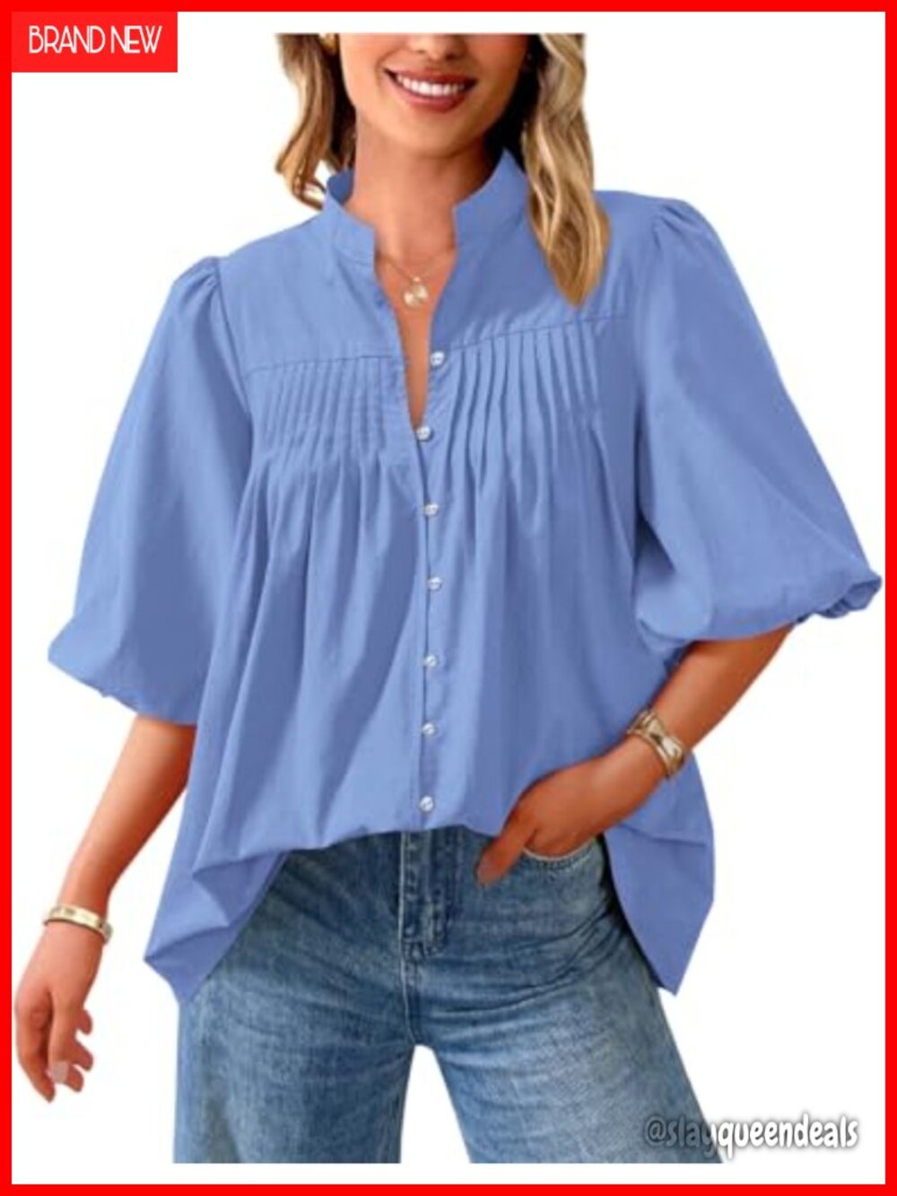 Women's Short Sleeve V-Neck Pleated Blouse with Lantern Sleeves